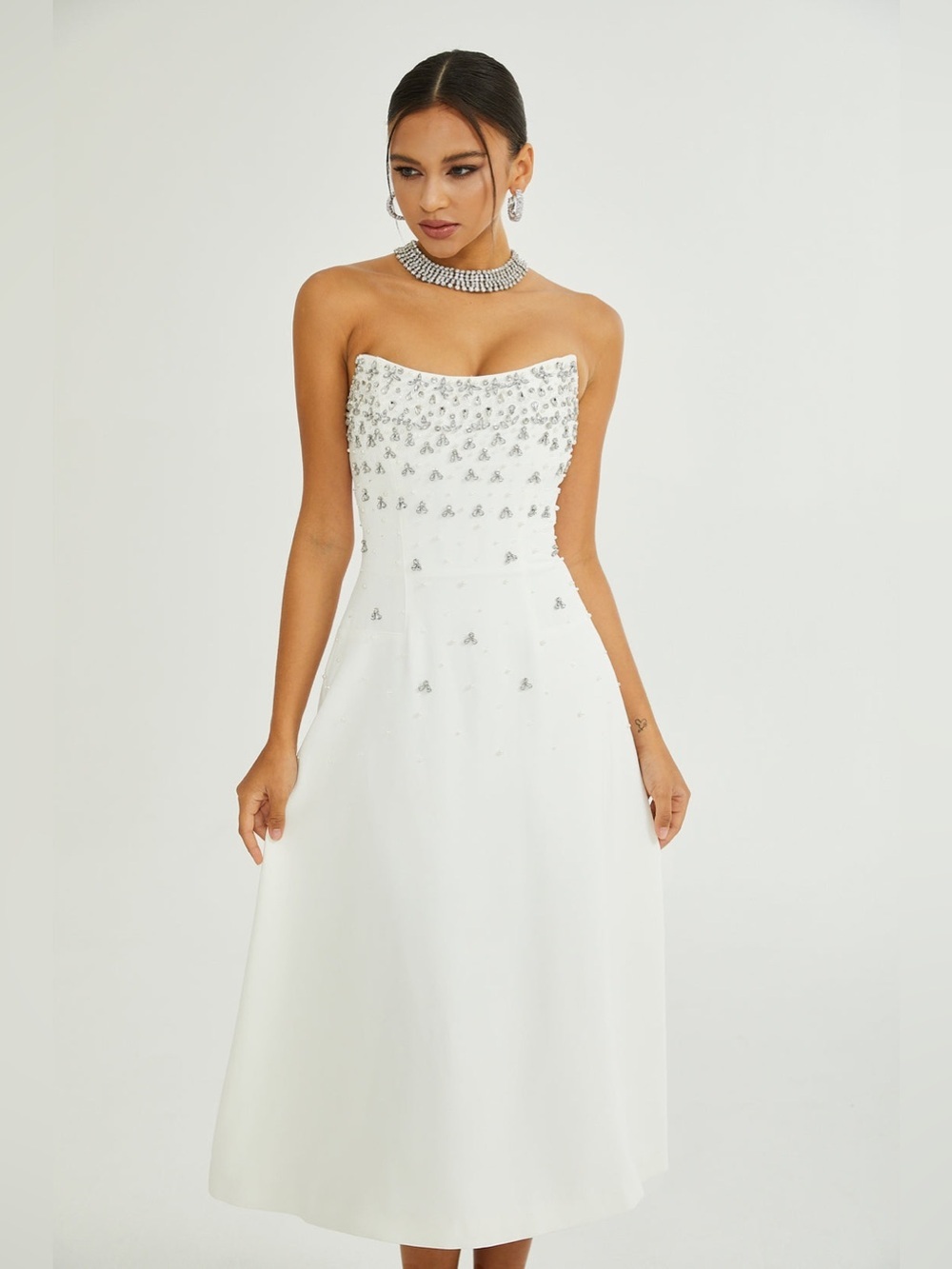 Miss Rosier Melisande White Strapless Embellished Midi Dress Size Medium NWT